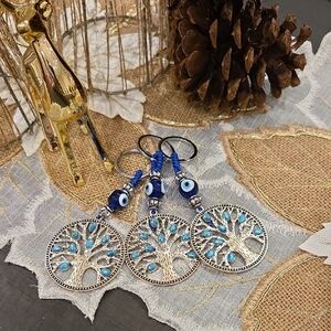 Evil Eye Silver/ Blue Gems Family Tree Or Tree Of Life Keychains